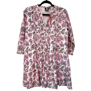 Madison Mathews Cotton Floral Mini Swing Dress 3/4 Sleeve Tuxedo Pleat